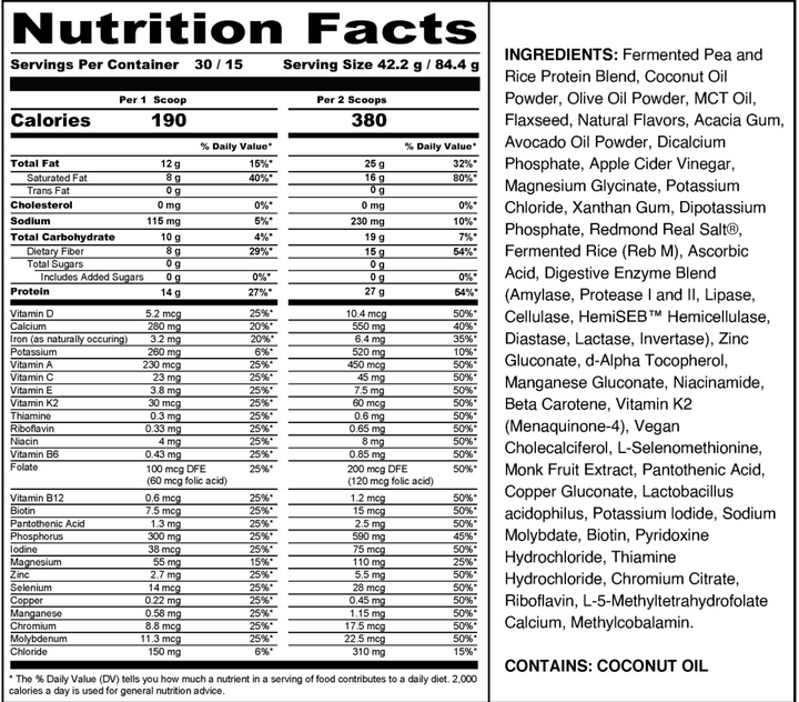 Plant Based - Vanilla Nutritional Facts